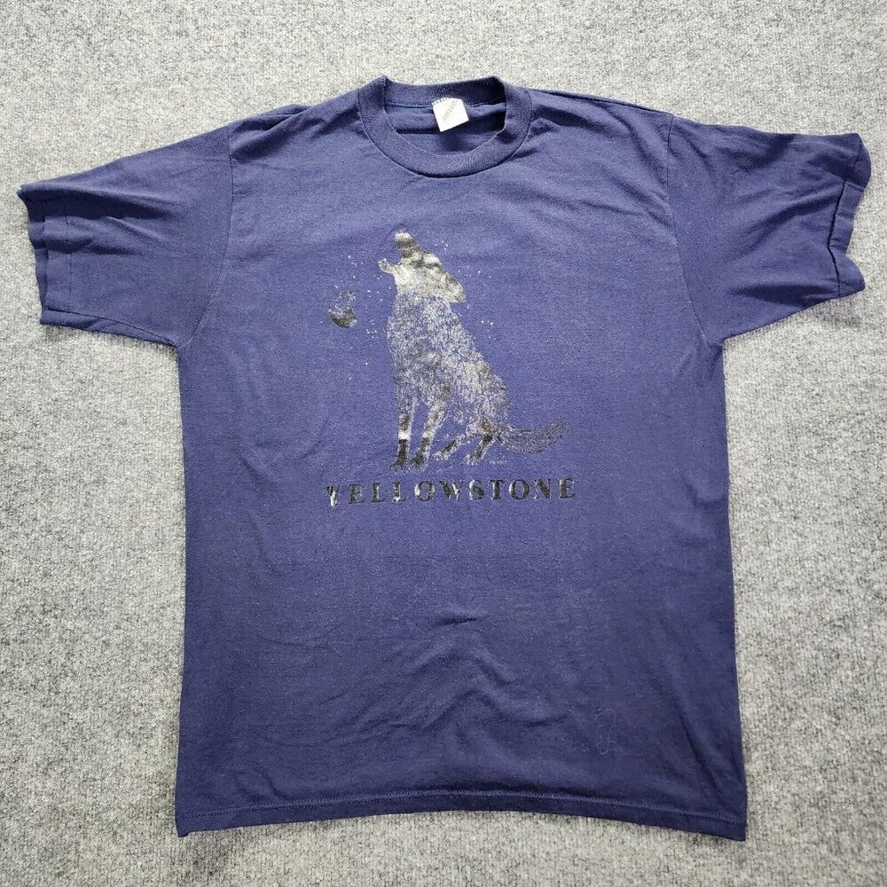 80s Vintage Yellowstone National Park‎ Mountain Blue Shirt Tee VTG Wolf XL